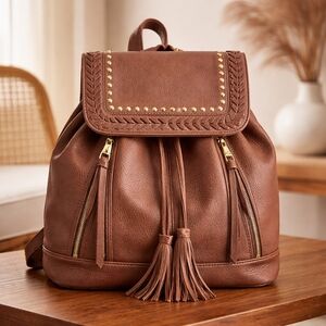 Steve Madden Brown Tassel Drawstring Backpack